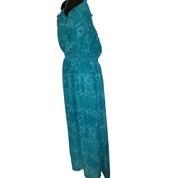 Faded Glory Teal Maxi Dress Sz 1X 16 Y2K Turquoise Ruffle Romantic Flowy Beach - Picture 2 of 10
